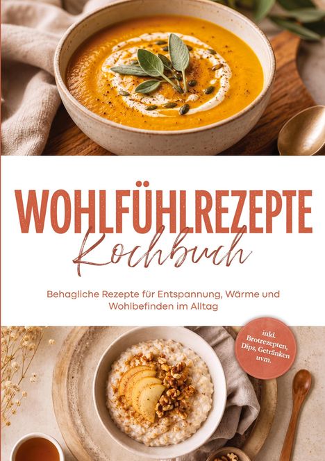 Text: "WOHLFÜHLREZEPTE Kochbuch", "Behagliche Rezepte für Entspannung, Wärme und Wohlbefinden im Alltag", "inkl. Brotrezepten, Dips, Getränken uvm.". Oben Suppe, unten Haferbrei mit Nüssen und Apfel.
