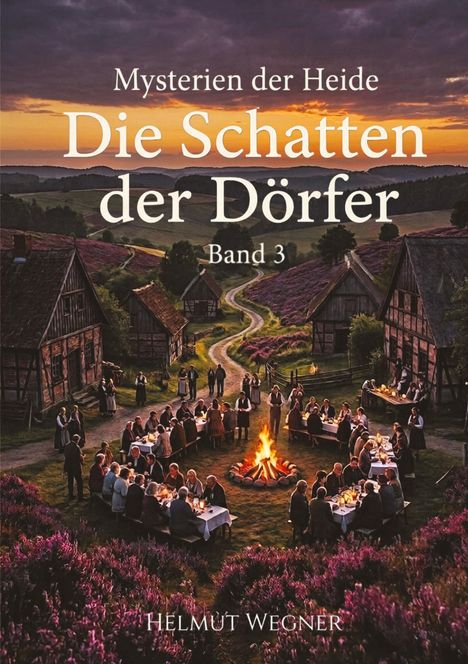 Text: "Mysterien der Heide: Die Schatten der Dörfer, Band 3. Helmut Wegner." 
Szene: Menschen bei einem Lagerfeuer, umgeben von Fachwerkhäusern und Heide.