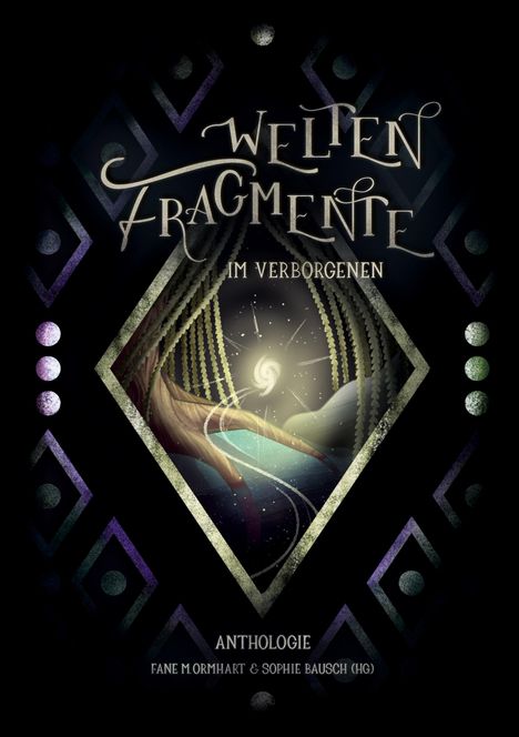 "Welten Fragmente," "Im Verborgenen," "Anthologie," Fane M. Ormhart & Sophie Bausch (Hg). Fantasievolle Illustration mit spiralförmigem Licht.