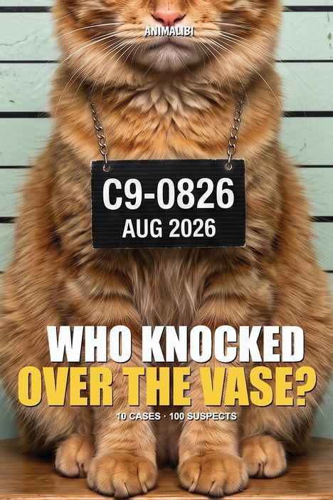 Ein Schild zeigt "C9-0826 AUG 2026". Darunter steht "WHO KNOCKED OVER THE VASE? 10 CASES · 100 SUSPECTS". Eine Katze mit Marke.