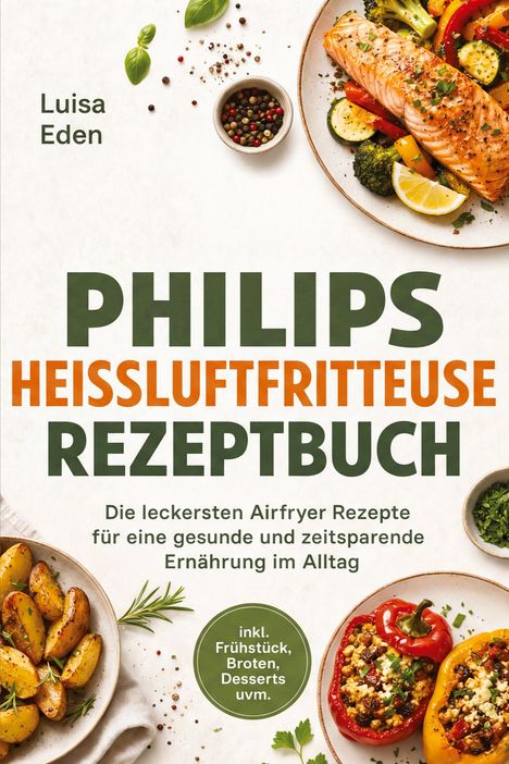 „PHILIPS HEISSLUFTFRITTEUSE REZEPTBUCH“. Teller mit Lachs, Gemüse und Kartoffeln.