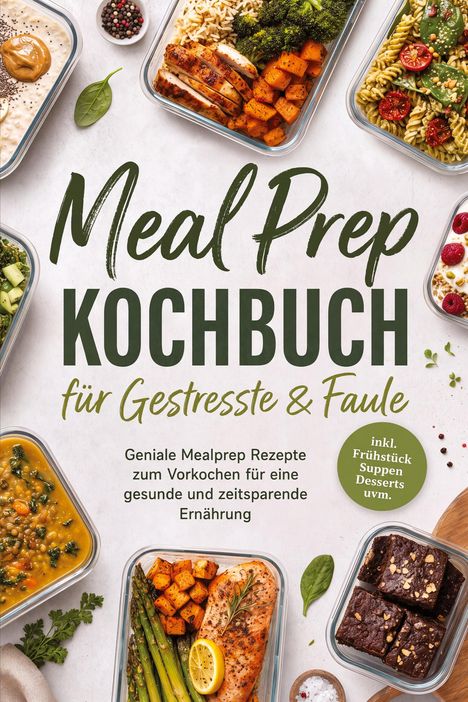 "Meal Prep Kochbuch für Gestresste & Faule." Essensbehälter mit verschiedenen Gerichten auf hellem Hintergrund.