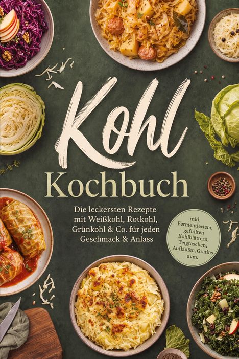 „Kohl Kochbuch“: Rezepte mit verschiedenen Kohlsorten, umgeben von Bildern von Gerichten und frischem Kohl.