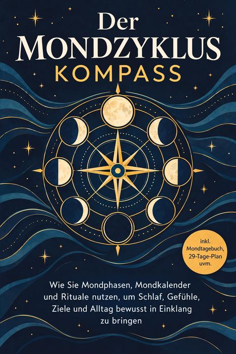 Der Mondzyklus Kompass: Eine grafische Darstellung der Mondphasen und ein zentraler Kompass auf einem blauen Hintergrund.