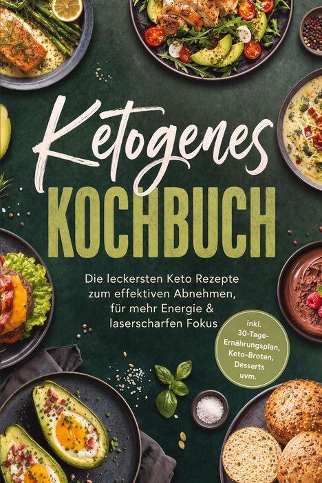 Text: "Ketogenes Kochbuch. Die leckersten Keto Rezepte zum effektiven Abnehmen, für mehr Energie & laserscharfen Fokus." Verschiedene Essensteller.