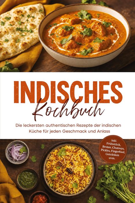 "Indisches Kochbuch. Die leckersten authentischen Rezepte der indischen Küche." Oben Curry und Naan, unten Biryani.