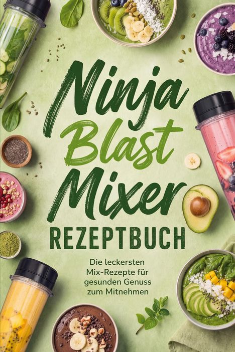 "Ninja Blast Mixer Rezeptbuch. Die leckersten Mix-Rezepte für gesunden Genuss zum Mitnehmen." Farbenfrohe Smoothie-Bowls und Mixer.