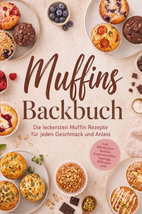 "Muffins Backbuch. Die leckersten Muffin Rezepte für jeden Geschmack und Anlass." Verschiedene Muffins auf einem Tisch.