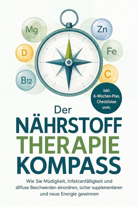 Titel: "Der Nährstoff Therapie Kompass". Illustration eines Kompasses mit farbigen Kreisen, die Nährstoffe symbolisieren.