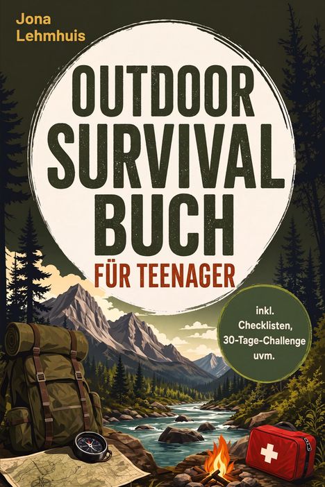 Cover: "Outdoor Survival Buch für Teenager", Landschaft mit Bergen, Wald, Fluss, Rucksack, Karte, Kompass, Lagerfeuer.