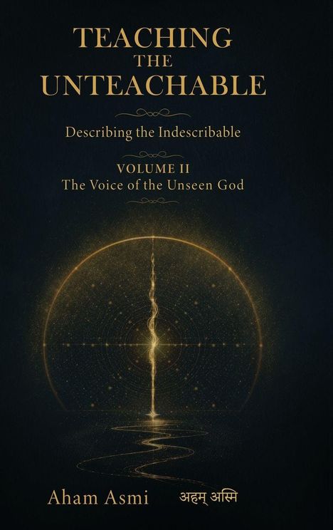 Vor dunklem Hintergrund steht: "Teaching the Unteachable. Describing the Indescribable. Volume II: The Voice of the Unseen God. Aham Asmi." Ein feines, leuchtendes geometrisches Muster ergänzt das Design.