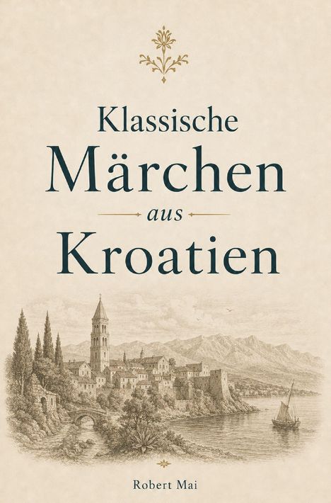 "Klassische Märchen aus Kroatien" von Robert Mai. Illustration einer romantischen Küstenstadt mit Bergen im Hintergrund.