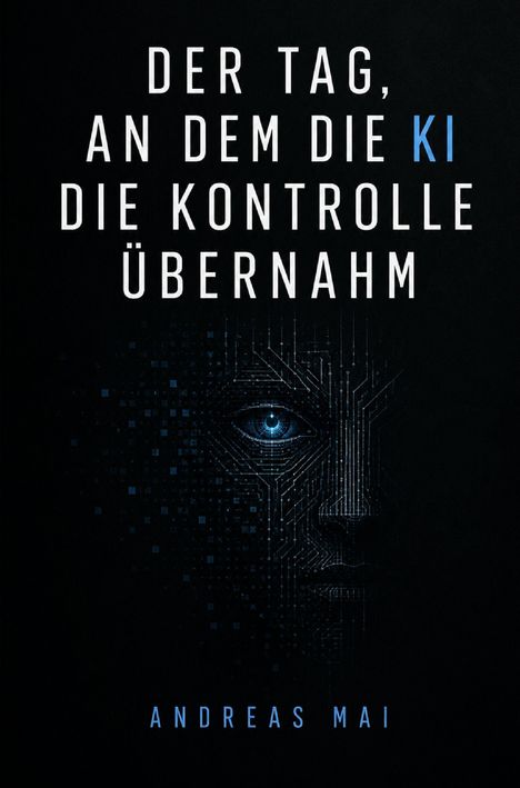 Text: "DER TAG, AN DEM DIE KI DIE KONTROLLE ÜBERNAHM" und "ANDREAS MAI". Illustration eines digitalen Gesichts.