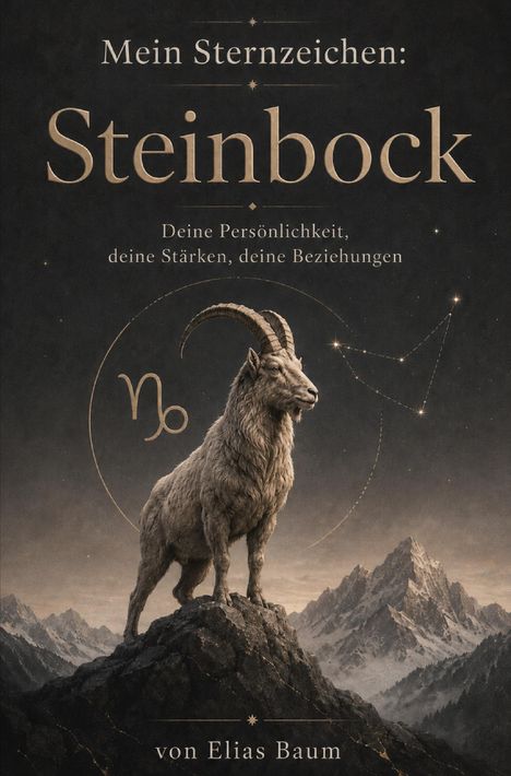 „Mein Sternzeichen: Steinbock. Deine Persönlichkeit, deine Stärken, deine Beziehungen. Von Elias Baum.“ Illustration: Ein Steinbock auf einem Felsen, im Hintergrund Berge und das Sternbild Steinbock.