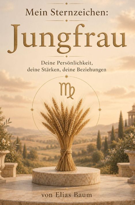Text: "Mein Sternzeichen: Jungfrau. Deine Persönlichkeit, deine Stärken, deine Beziehungen. Von Elias Baum."  
Ein Weizenstrauß auf einem Podest mit ländlichem Hintergrund.