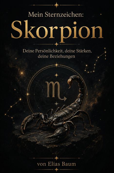 Titel: "Mein Sternzeichen: Skorpion", mit Skorpionabbildung und Sternbildsymbolik. Autor: von Elias Baum.