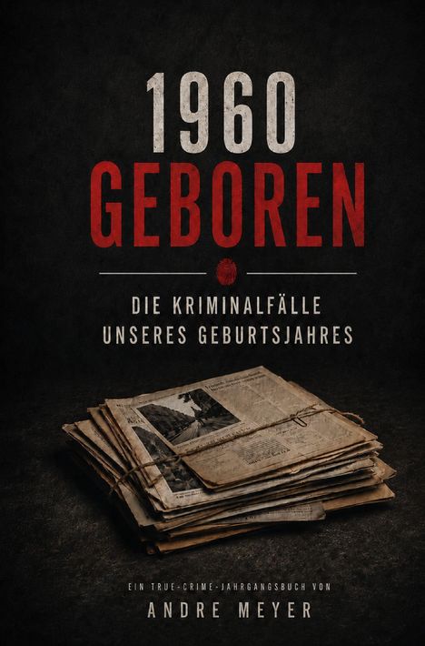 "1960 Geboren. Die Kriminalfälle unseres Geburtsjahres. Ein True-Crime-Jahrgangsbuch von Andre Meyer." Zeitungsstapel.