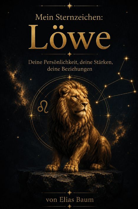 „Mein Sternzeichen: Löwe“, „Deine Persönlichkeit, deine Stärken, deine Beziehungen“, „von Elias Baum“. Ein Löwe sitzt majestätisch auf einem Felsen, umgeben von Sternbildern und dem Löwe-Symbol.
