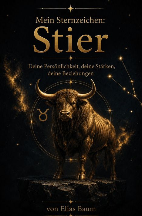 Schrift: "Mein Sternzeichen: Stier"; "Deine Persönlichkeit, deine Stärken, deine Beziehungen"; "von Elias Baum". Illustration eines Stiers.