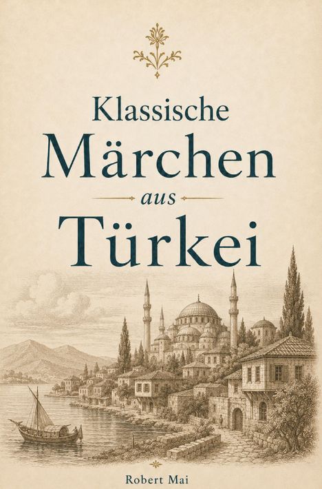 „Klassische Märchen aus Türkei“ von Robert Mai. Darunter eine Zeichnung einer Küstenszene mit Moschee und Segelboot.