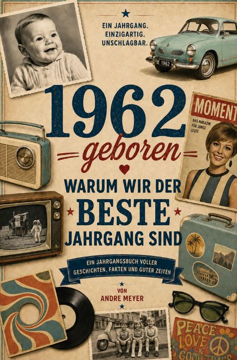 "1962 geboren - Warum wir der beste Jahrgang sind" von Andre Meyer. Mehrere retro Bilder von Technik, Reise und Menschen.