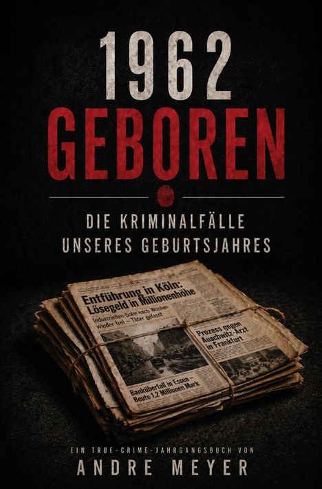 Text: "1962 Geboren, Die Kriminalfälle unseres Geburtsjahres, Andre Meyer." Zeitungsstapel im Retro-Look.