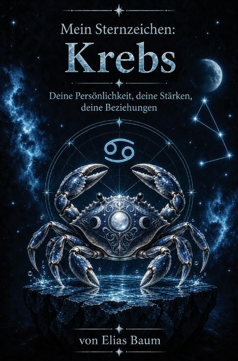 „Mein Sternzeichen: Krebs; Deine Persönlichkeit, deine Stärken, deine Beziehungen, von Elias Baum.“ Mystischer Krebs vor Sternenhimmel.