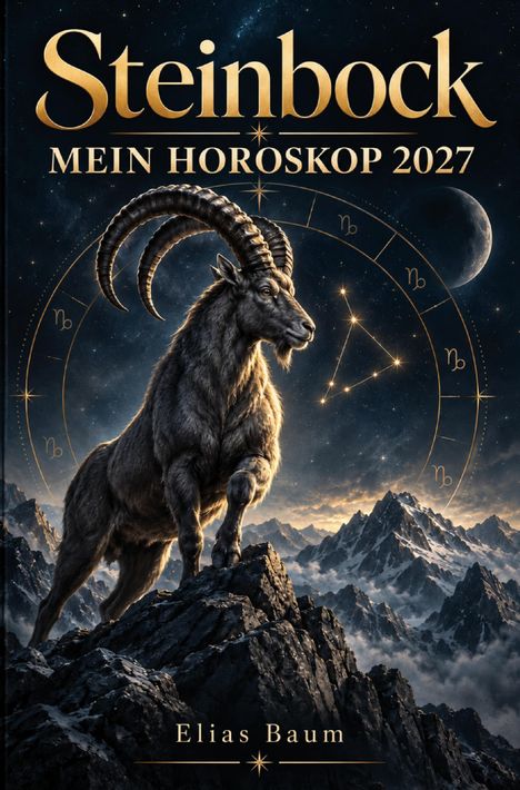 "Steinbock MEIN HOROSKOP 2027, Elias Baum." Illustration eines Steinbocks auf Berggipfel mit Sternenhimmel und Mond.