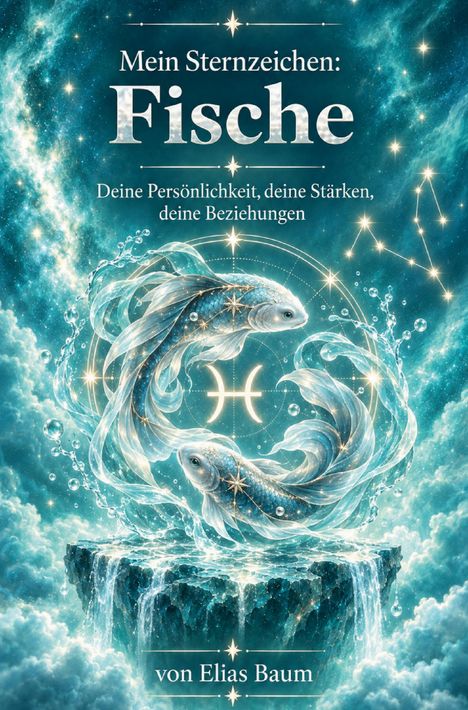 "Mein Sternzeichen: Fische. Deine Persönlichkeit, deine Stärken, deine Beziehungen. von Elias Baum." Zwei Fische im Wasser.