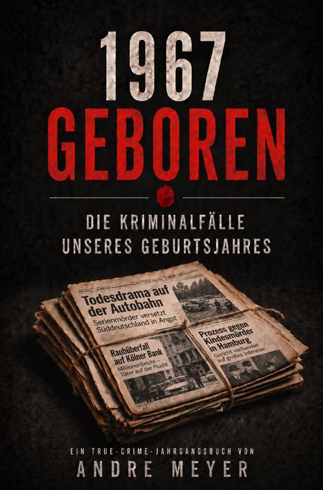 Titel: "1967 Geboren", "Die Kriminalfälle unseres Geburtsjahres." Zeitungen mit Verbrechen, von Andre Meyer.