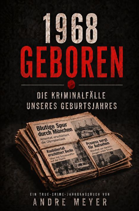 1968 Geboren: Die Kriminalfälle unseres Geburtsjahres. Zeitungsstapel, reißerische Schlagzeilen, düsterer Hintergrund.