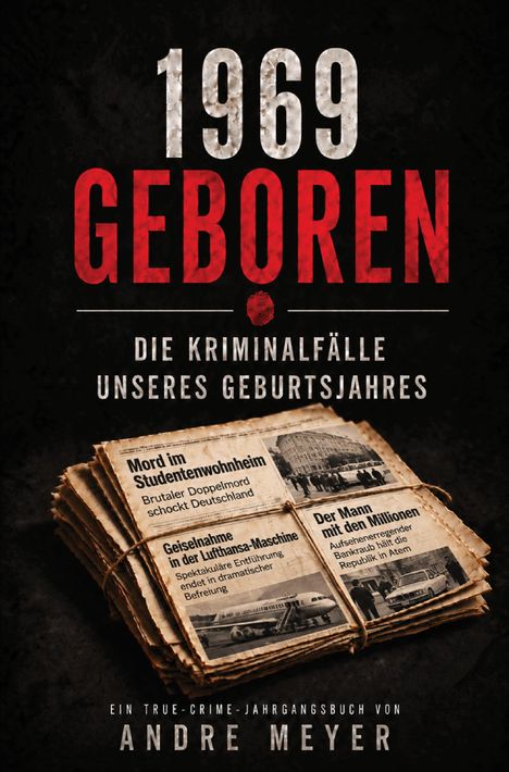 1969 Geboren. Die Kriminalfälle unseres Geburtsjahres. Andre Meyer. Zeitungen mit Schlagzeilen über Verbrechen.
