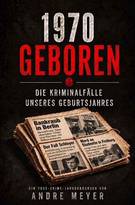 „1970 GEBOREN. Die Kriminalfälle unseres Geburtsjahres.“ Stapel Zeitungen mit Überschriften: Bankraub in Berlin.