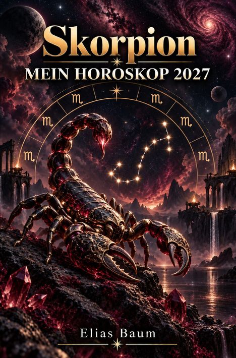 "Skorpion - Mein Horoskop 2027" und "Elias Baum". Eine detaillierte Illustration eines Skorpions in einer mystischen Landschaft.