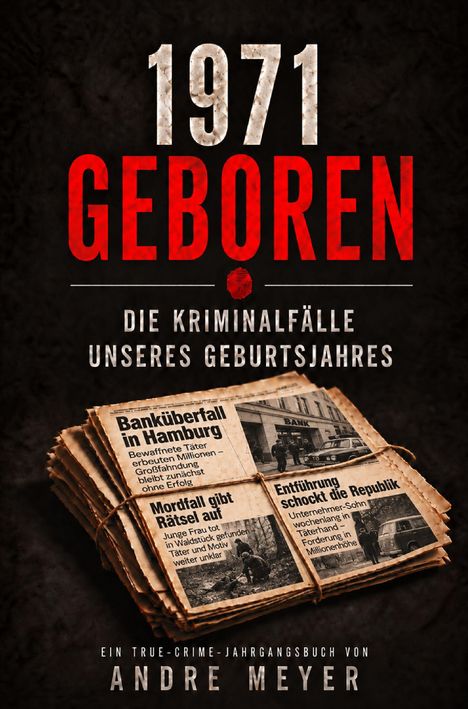 1971 Geboren. Die Kriminalfälle unseres Geburtsjahres. Ein Buch von Andre Meyer. Zeitung mit Schlagzeilen.