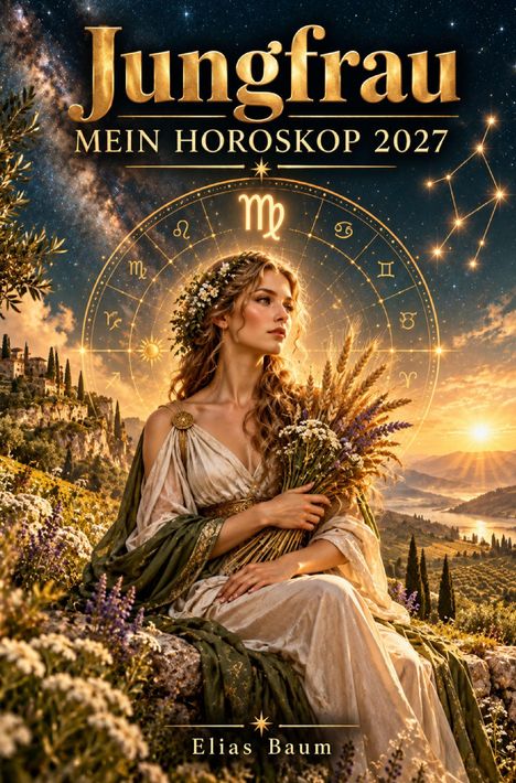 „Jungfrau Mein Horoskop 2027“, Elias Baum. Eine Frau in antikem Kleid hält Getreide vor einer Landschaft.