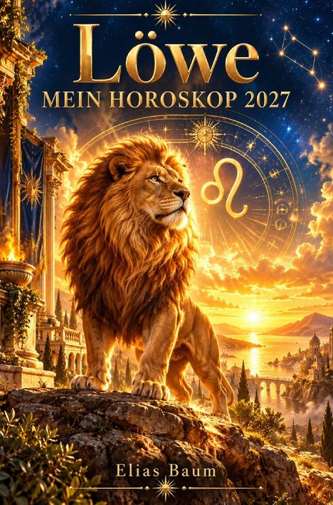 "Löwe: Mein Horoskop 2027" und "Elias Baum". Ein majestätischer Löwe steht vor einer fantasievollen Stadtlandschaft bei Sonnenuntergang.