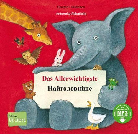 Text: "Das Allerwichtigste" in Deutsch und Ukrainisch. Ein Elefant hält das Schild, umgeben von Tieren auf rotem Hintergrund.