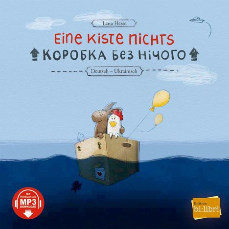 Text: "Eine Kiste Nichts", "Коробка без нічого", "Deutsch – Ukrainisch". Illustration zeigt Huhn und Esel auf Kiste im Wasser.