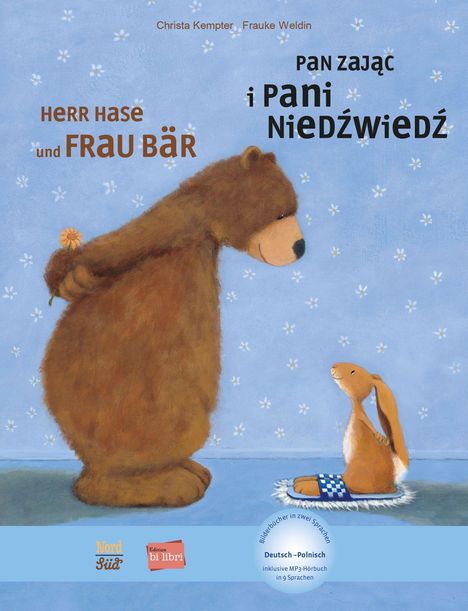 Texte: “HERR HASE und FRAU BÄR”, “PAN ZAJĄC I PANI NIEDŹWIEDŹ”. Illustration: Ein Hase sitzt vor einem Bären mit Blume.