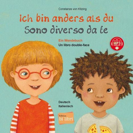"Ich bin anders als du / Sono diverso da te", Wende- und zweisprachiges Kinderbuch Cover, zeigt zwei lächelnde Kinder.