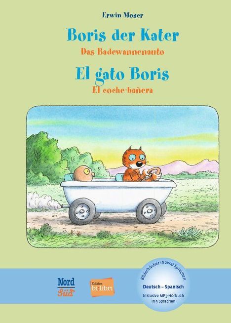 Titel in Deutsch und Spanisch über einer Illustration mit einem Kater und einer Ente in einer fahrenden Badewanne.