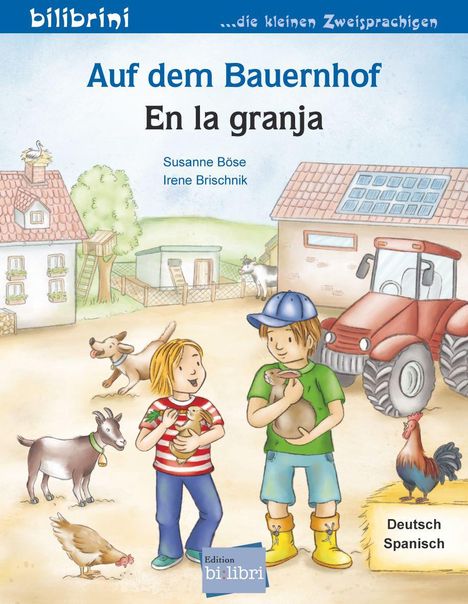 "Auf dem Bauernhof/En la granja" steht oben. Zwei Kinder halten Tiere, im Hintergrund Tiere und ein roter Traktor.