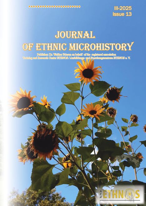 "Journal of Ethnic Microhistory", "III-2025 Issue 13". Mehrere Sonnenblumen vor einem klaren, blauen Himmel. Logo unten.