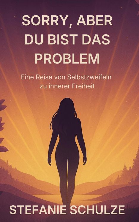 Text: "Sorry, aber du bist das Problem. Eine Reise von Selbstzweifeln zu innerer Freiheit. Stefanie Schulze." Eine Silhouette vor Sonnenstrahlen.