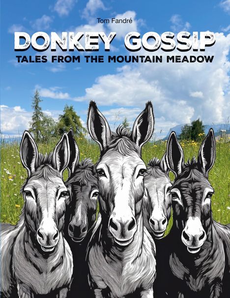 „DONKEY GOSSIP: TALES FROM THE MOUNTAIN MEADOW“. Fünf lachende Esel vor einer blühenden Wiese.