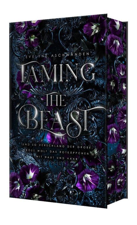 "Taming the Beast" von Evelyne Aschwanden. Hintergrund: lila Blumen und ornamentale Muster.