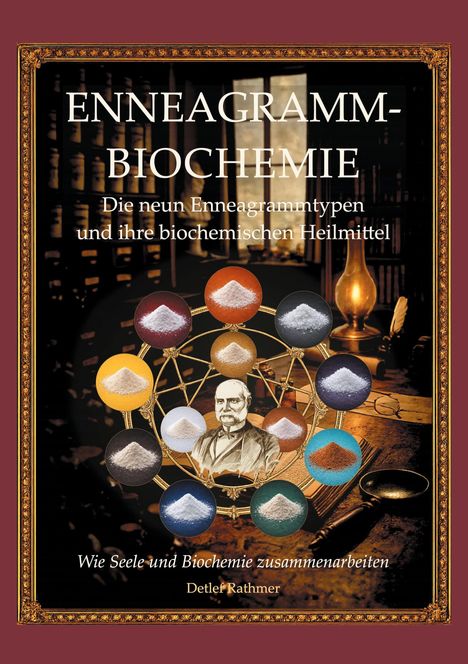 Text: „ENNEAGRAMM-BIOCHEMIE: Die neun Enneagrammtypen und ihre biochemischen Heilmittel.“ Illustration: Kreisdarstellung.