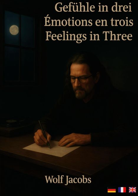 "Gefühle in drei, Émotions en trois, Feelings in Three" von Wolf Jacobs. Ein Mann schreibt an einem Tisch, Mond durch Fenster.