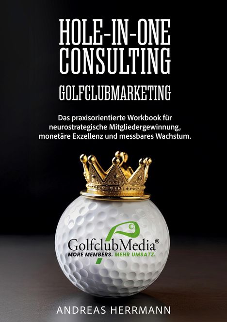 Texte: "HOLE-IN-ONE CONSULTING GOLFCLUBMARKETING...GOLFCLUBMEDIA" Krone auf Golfball mit Schriftzug. Autor: Andreas Herrmann.